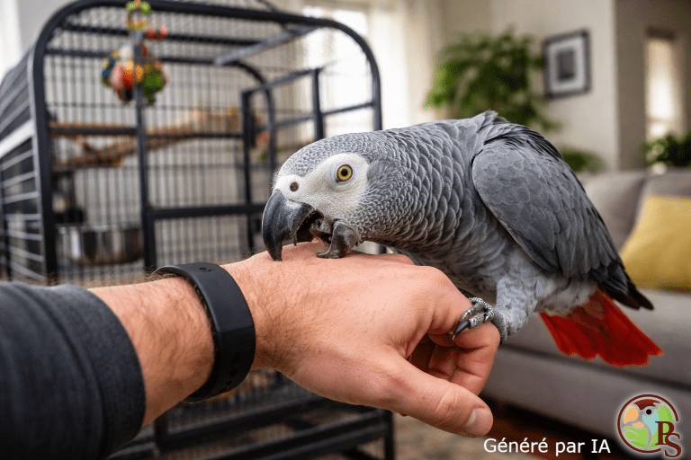 Perroquet gris mordant un poignet