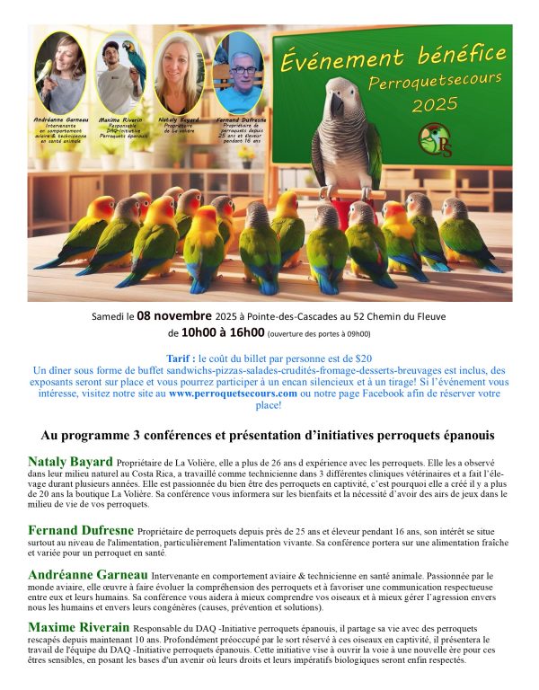Événement bénéfice Perroquetsecours 2025