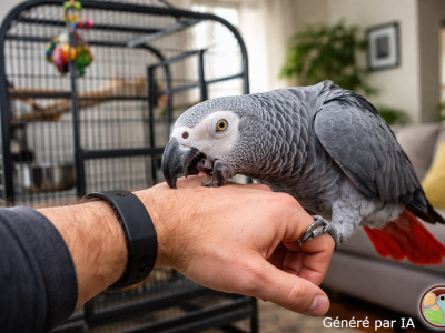 Perroquet gris mordant un poignet